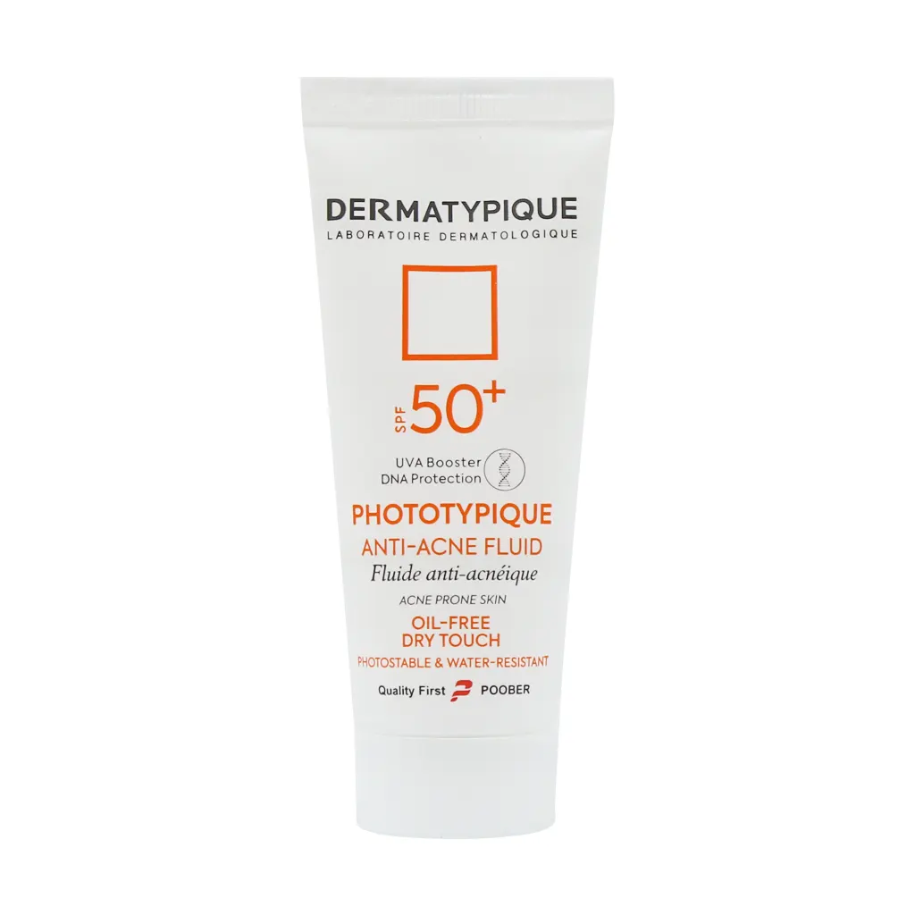 فلوئید ضد آفتاب بی رنگ آنتی آکنه درماتیپیک مناسب پوست چرب و جوش دار SPF50 حجم 40 میلی لیتر