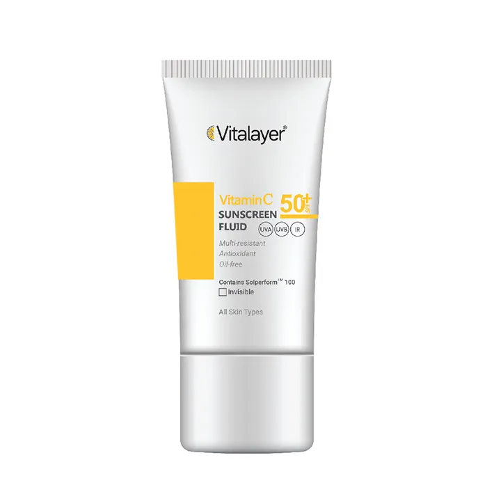 فلوئید ضدآفتاب بی‌رنگ ویتالیر SPF50 مدل Vitamin C مناسب انواع پوست، حجم 50 میلی‌لیتر