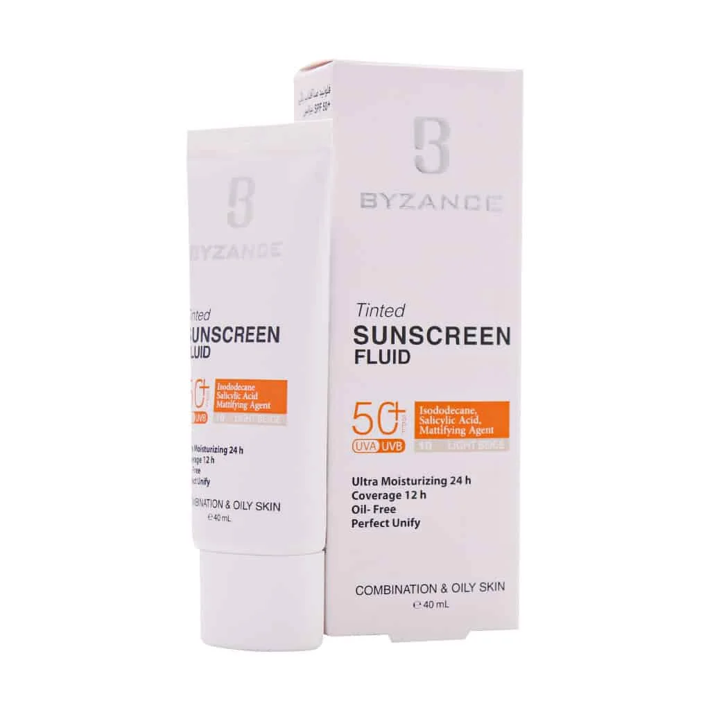 فلوئید ضد آفتاب کرم پودری +SPF50 بیزانس مناسب پوست مختلط و چرب 40 میلی لیتر